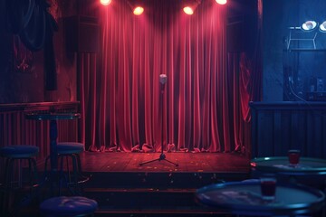 Poster - A stage with a red curtain and stools. Perfect for theater or performance concepts