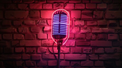 Poster - A microphone with vibrant neon lights on a textured brick wall. Perfect for music events and nightlife promotions