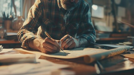 Poster - A man sitting at a table writing on a piece of paper. Suitable for business or education concepts
