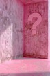 A pink room with a question mark on the wall. Suitable for mystery or uncertainty concepts