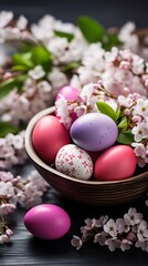  A bowl of colorful eggs with copyspace on wooden floor. Easter egg concept, Spring holiday