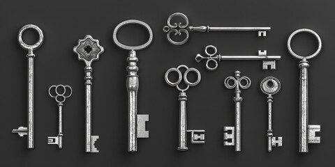 Poster - Collection of old keys on a table, suitable for vintage or antique themes