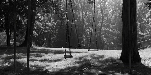 Poster - Black and white photo of two swings in a park. Suitable for outdoor recreation concept