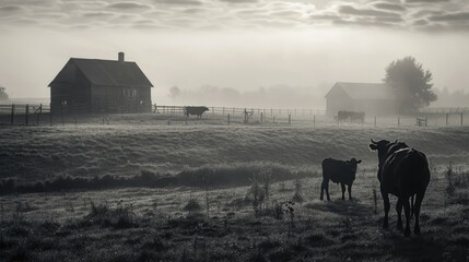 Poster - A herd of cattle standing on top of a grass covered field. Suitable for agricultural and rural concepts