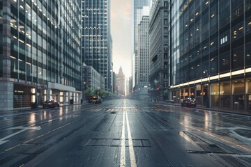 Poster - A city street wet from the rain, with tall buildings in the background. Suitable for urban and weather-related concepts