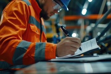 Poster - A man in an orange jacket writing on a piece of paper. Suitable for business and education concepts