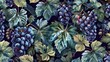 A digital AI masterpiece, seamless pattern of grape clusters, flowers, and leaves, in a nod to vintage botanical art
