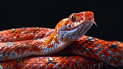 Poster - A close-up shot of a snake on a dark background. Suitable for wildlife or Halloween themes