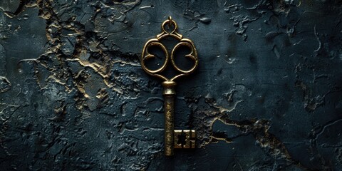 Poster - A shiny gold key on a vibrant blue background. Perfect for design projects or security concepts