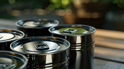 Poster - Metal cans arranged neatly on a wooden table. Suitable for industrial, recycling, or kitchen themes
