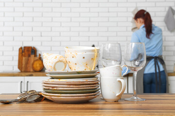 Wall Mural - Dirty dishes on table in kitchen