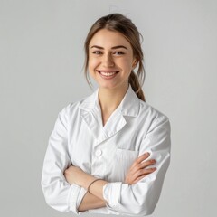 Aufkleber - Woman in white lab coat smiling at camera, suitable for medical or science concepts