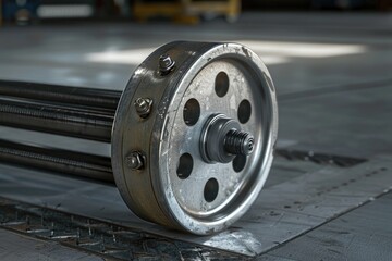 Poster - A metal bench placed on a cement floor, suitable for urban design projects