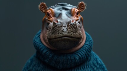 Wall Mural - A close up of a hippo wearing an oversized sweater, AI