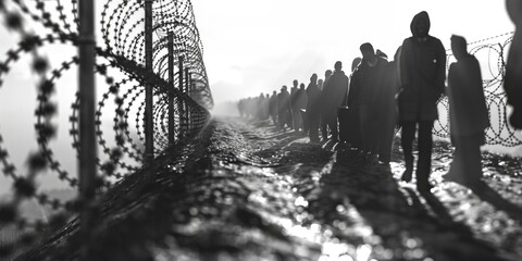 Aufkleber - Group of individuals near a security fence. Suitable for security concepts