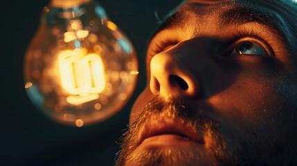 Aufkleber - A man staring up at a glowing light bulb. Suitable for concepts of innovation and ideas