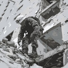 Aufkleber - A man wearing a white helmet standing in front of a black and white photo of a building. Suitable for construction and architecture themes