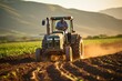 A farmer is operating a tractor in a vast field. The man is focused on driving the vehicle, tilling the soil or harvesting crops. The tractor is moving steadily across the agricultural land