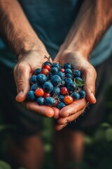 Poster - A person holding a handful of fresh blueberries, perfect for healthy lifestyle concept