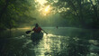 Canoeists gliding silently down a tranquil river