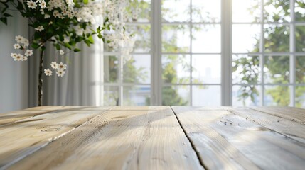 Poster - A simple wooden table with a vase of flowers in front of a window. Suitable for home decor concepts