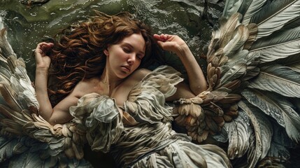Poster - A woman in a dress with wings floating in a body of water. Ideal for fantasy or mystical themed designs