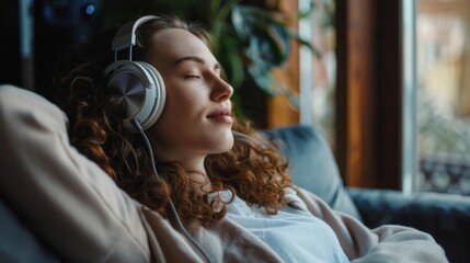 Wall Mural - A woman relaxing on a couch with headphones, perfect for lifestyle and leisure concepts