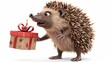 Postcard with a cute hedgehog in a festive mood holding a gift. Copy space banner
