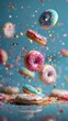 Sugary doughnuts with different glazes and candy sprinkles levitating on a turquoise background.
