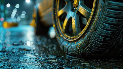 Poster - Close-up of a tire on a wet street, suitable for automotive industry