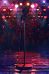 Poster - A microphone on a stand in front of a stage. Suitable for music events or public speaking