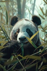 Poster - A panda bear sitting in a forest, suitable for nature themes