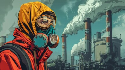 Poster - A man in a gas mask standing next to industrial plants, AI