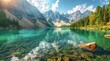 A stunning panoramic view of the clear turquoise waters reflecting majestic mountains, surrounded by lush green forests and golden sunlight Generative AI