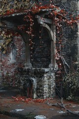 Poster - An old stone building covered in vines. Suitable for historical or architectural concepts