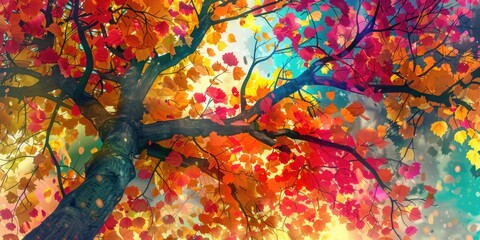 Poster - Vibrant painting of a tree with colorful leaves, perfect for autumn-themed designs