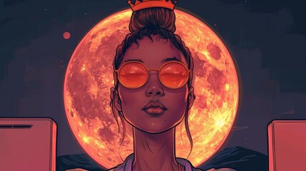 Sticker - A woman with sunglasses and a crown is looking at the moon, AI