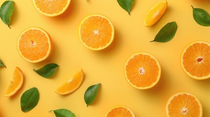 Poster - Fresh orange slices and leaves on a vibrant yellow background, perfect for food and wellness concepts