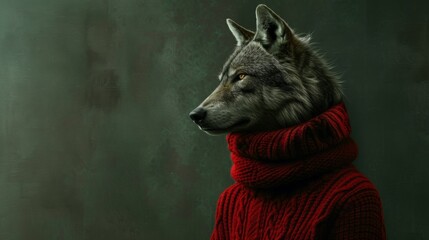 Sticker - A wolf wearing a red sweater with his head turned, AI