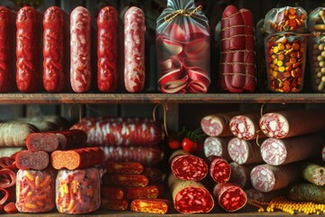 Poster - Assorted sausages on display, perfect for food industry
