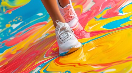 Sticker - A person walking on a colorful floor with white shoes, AI