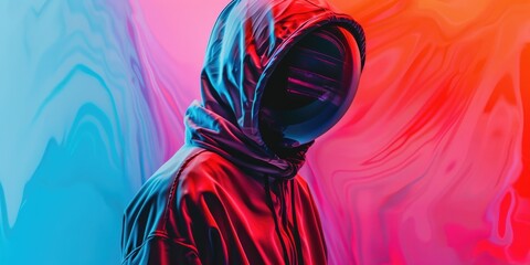 Aufkleber - A person wearing a red hoodie standing in front of a vibrant and colorful background. Suitable for various design projects