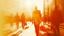 Business People Walking In The Sunlight In Urban Environment. Business Dynamics And City Life Concept