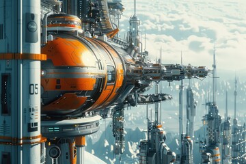 Poster - A futuristic sci-fi city floating in the sky. Ideal for technology and innovation concepts
