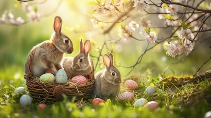 Three Audubons Cottontail rabbits are standing next to a basket of Easter eggs in a field of grass and flowers AIG42E
