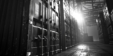 Poster - A striking black and white photo of a row of shipping containers. Perfect for industrial concepts