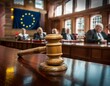 Judges Wooden Gavel with EU Flag in the Blurred Background
