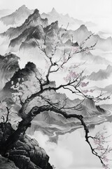 Poster - Black and white painting of a tree and mountains, suitable for nature themes