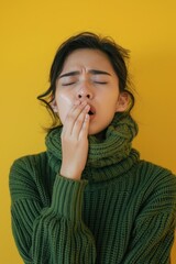 Aufkleber - A woman with closed eyes and her hand on her mouth. Suitable for various concepts and designs