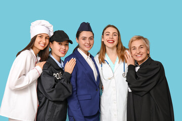 Wall Mural - Women of different professions on blue background